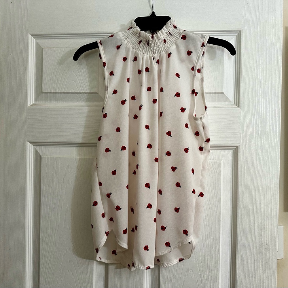 White Sleeveless Ruffled Blouse with Ladybugs